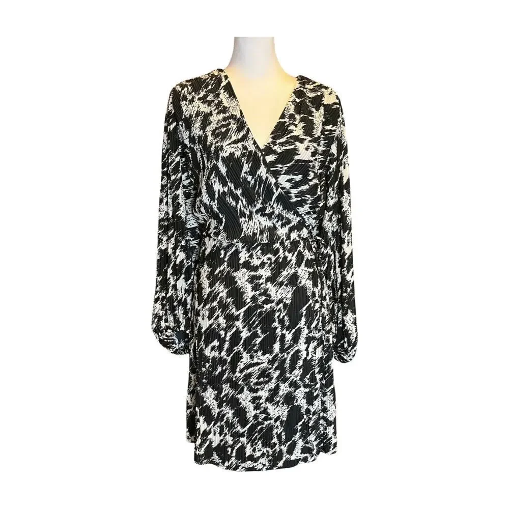 H&M XL Plisse Wrap Dress Black Leopard Print Balloon Sleeve mobwife edgy party